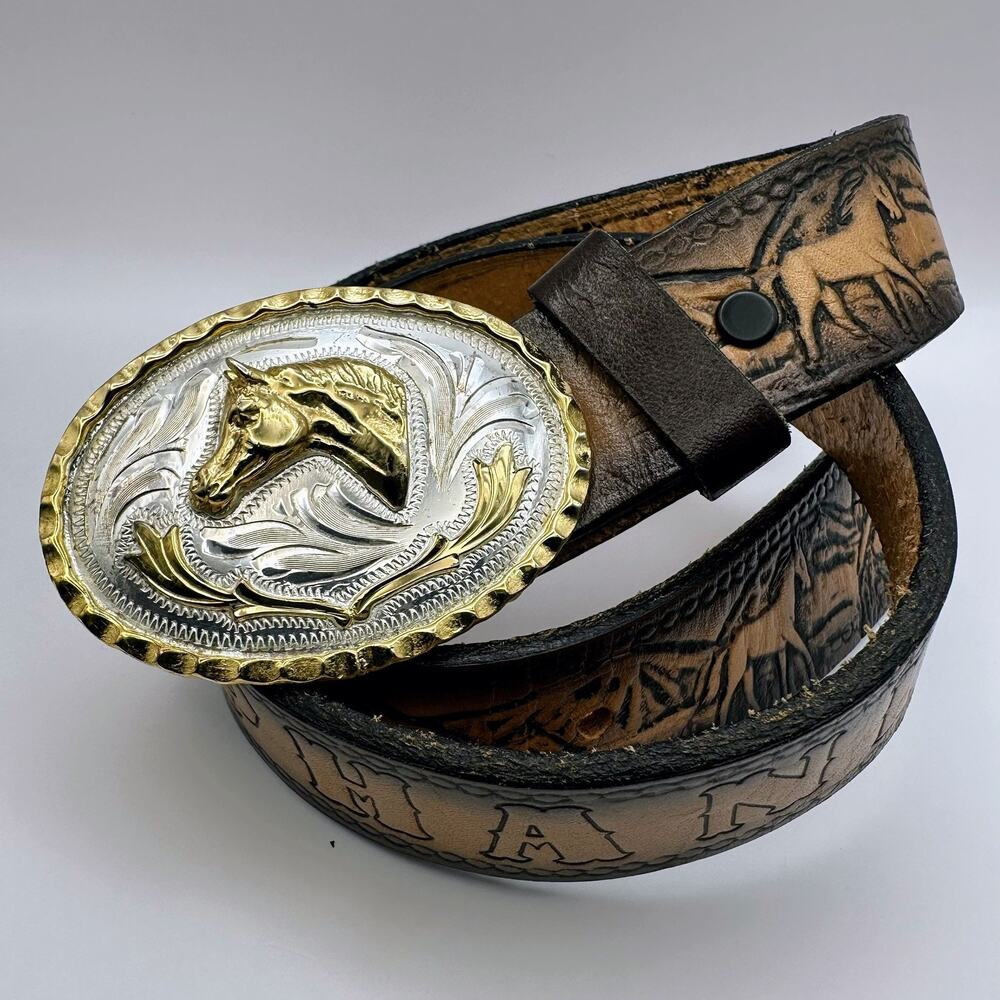 Vtg Horse Rodeo Riding Buckle Tooled Belt Alpaca Mexico Kids Child XS Stephanie